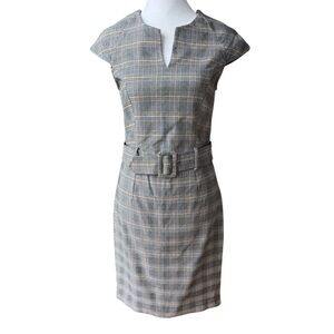 NAF NAF Gray Plaid Belted Cap Sleeve Business Casual Dress Size Small